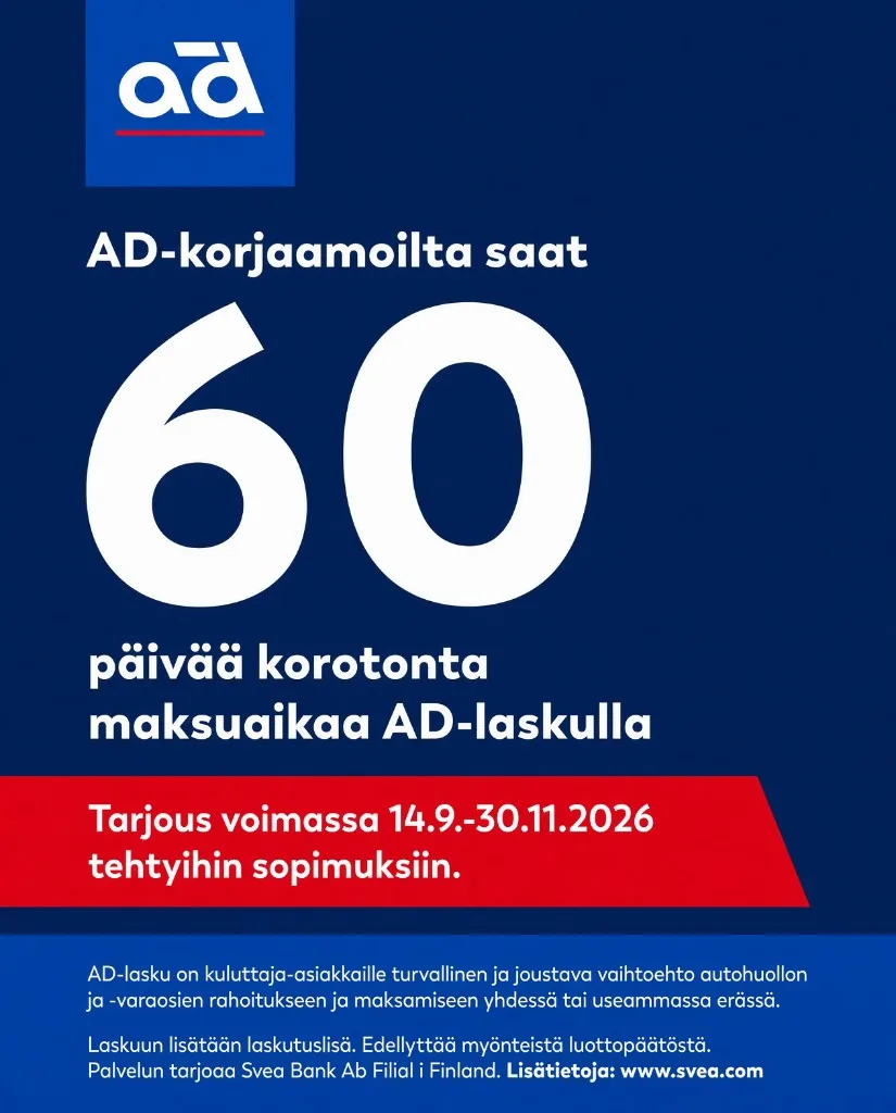 AD-korjaamoilta 60 päivää korotonta maksuaikaa AD-laskulla. Tarjous voimassa 14.9.–30.11.2026 tehtyihin sopimuksiin.